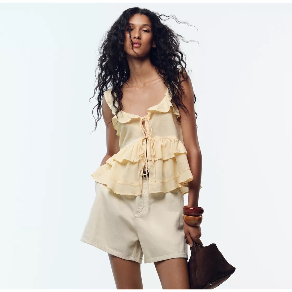 New Zara linen lace trim ruffled top in light yellow - large